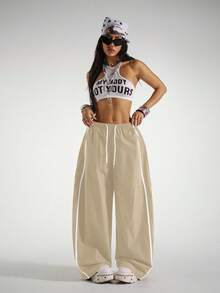 StreetHx Quần Harem rộng rãi kẻ sọc tương phản dành cho nữ - Màu Khaki - Xem 4