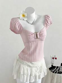 Elamini Women's Pink Striped Square Collar Puff Sleeve Blouse - Pink - View 4