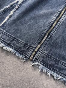 ROMWE MEN Street Life Veste en jean décontractée à manches courtes avec fermeture éclair et bord effiloché de couleur unie pour hommes - Bleu azur - Voir 5
