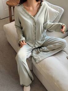 DAZY Green Minimalist Wavy Trim Comfortable Knit Women Pajama Set - Green - View 5