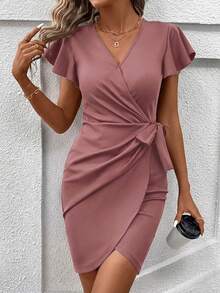 SHEIN Clasi Vestido Casual Feminino de Cor Sólida, Decote em V e Manga Curta, Estilo Minimalista - bordô - Visão 5