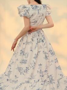 DAZY 荷叶袖、荷叶边、碎花吊带连衣裙，优雅办公室圆领连衣裙，夏季长款连衣裙 - 灰藍色 - 查看 5