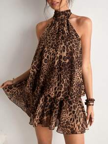 Freevana Vestido mini con estampado de leopardo, con escote halter y espalda descubierta, adecuado para vacaciones de verano - Marrón - Ver 3