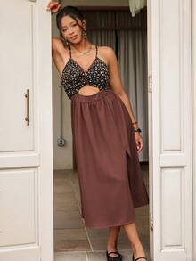 Freevana 波西米亚风印花拼接棕色吊带中长连衣裙，扭结镂空腰部开衩设计，休闲度假百搭，适合女性穿着。 - 棕色 - 查看 4