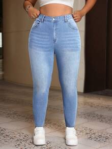 SHEIN EZwear 大码女式休闲修身牛仔裤 - 淺色水洗藍 - 查看 6