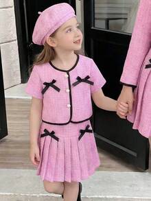 Elladie kids 女童两件套：格子印花圆领短袖外套，饰有珍珠纽扣和蝴蝶结，搭配粉色百褶裙，适合派对、聚会、生日、公主风、夏季等场合。 - 粉色 - 查看 1