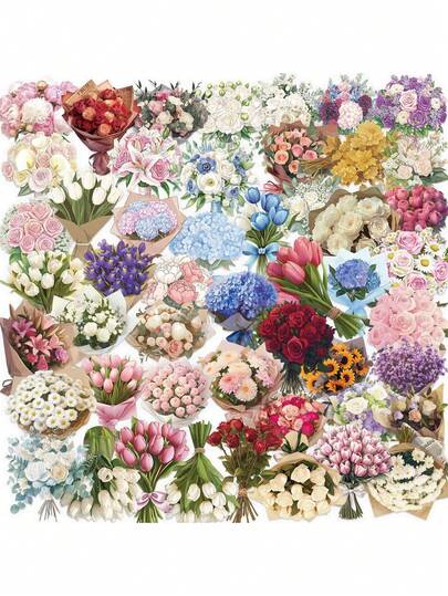 50pcs/Pack Flower Stickers DIY Notebook Waterproof Stickers Are Suitable For Water Bottles, Computers, Notebooks, Suitcases, Mobile Phone Cases, Laptops, Bicycles And Skateboards.They Can Also Be Used For Festivals, Birthdays, Mother's Day.