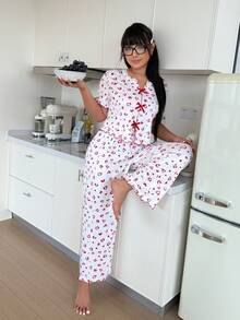 ZzzCrew Conjunto de ropa de dormir ajustada con estampado de corazón dulce, adornos de encaje y lazo sexy - Multicolor - Ver 4