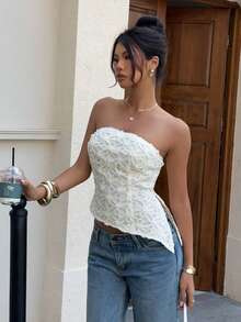 Siren Gaze 女士纯色不对称下摆抹胸无袖上衣 - 杏色 - 查看 4