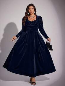 Viva Relle Plus Size Solid Color Sweetheart Neck Draped Elegant Long Sleeve Dress - Royal Blue - View 2