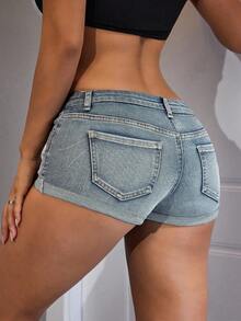 SHEIN ICON Women's Fashionable Y2K Washed Skinny High Street Denim Shorts, Summer - Light Wash - View 3
