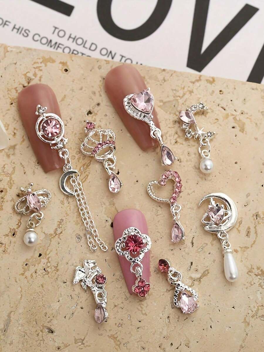 Luxury 10-Pcs 3D Alloy Nail Art Kit - Butterfly, Heart, Bow Charms With Rhinestones For DIY Manicure Pedicure, Perfect Gift For Nail Lovers & Friends - Multicolor - View 1