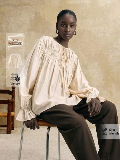 Ontre 2026 Spring/Summer New Apricot Deep V-Neck Floral Collar Tie Ruffle Cuff Women's Blouse, Suitable For Modern Urban Party, Back To School Season, Urban Minimalist Casual Daily Wear, Bohemian Style, Vacation, Festivals, Spring, Valentine's Day Carnival Outfit, Women's Beach Party Elegant