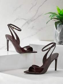 SHUZIA Giày sandal cao gót mũi nhọn hở gót, quai ngang mắt cá chân, màu sô cô la bóng bẩy, dành cho nữ, thích hợp cho khiêu vũ, tiệc tùng, mùa xuân hè, kỳ nghỉ. - Màu nâu Sô-cô-la - Xem 3