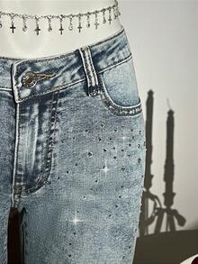 Elamini 女士休闲时尚街头日常通勤水钻装饰喇叭牛仔裤 - 淺色水洗藍 - 查看 6