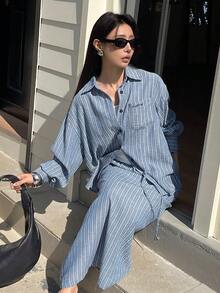 DAZY 2件套女士条纹宽松长袖翻领衬衫和直筒长裙休闲度假套装，春夏款 - 藍色 - 查看 5