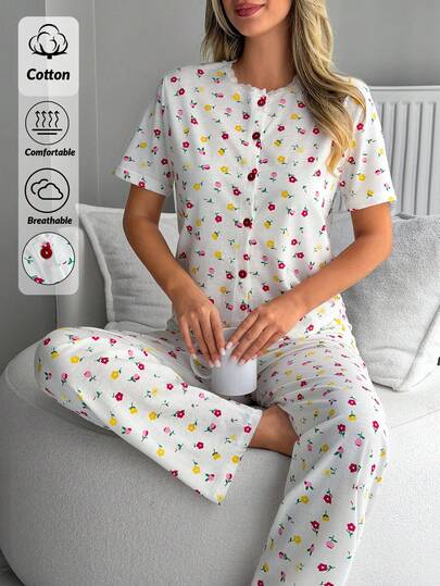 EURMUSE Cute Floral Design Multicolor Button Detailed Half Sleeve Long Pants Casual Pajama Set