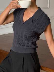 DAZY 女士纯色纹理条纹翻领修身休闲针织上衣，春秋季 - 灰色 - 查看 5