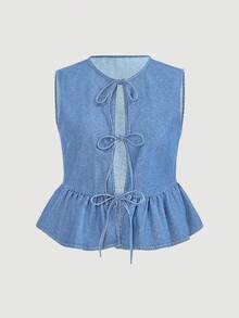 SHEIN MOD Plus Size Denim Jacket, Casual Loose Tie Bow Vest With Ruffle Hem, Blue - Medium Wash - View 1