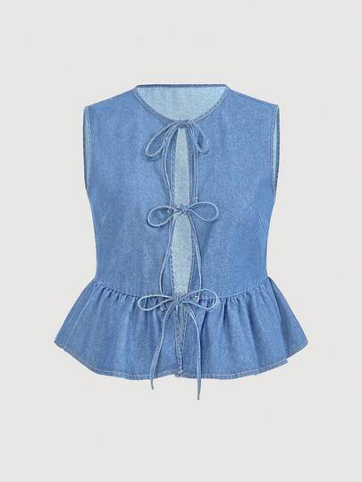 SHEIN MOD Plus Size Denim Jacket, Casual Loose Tie Bow Vest With Ruffle Hem, Blue