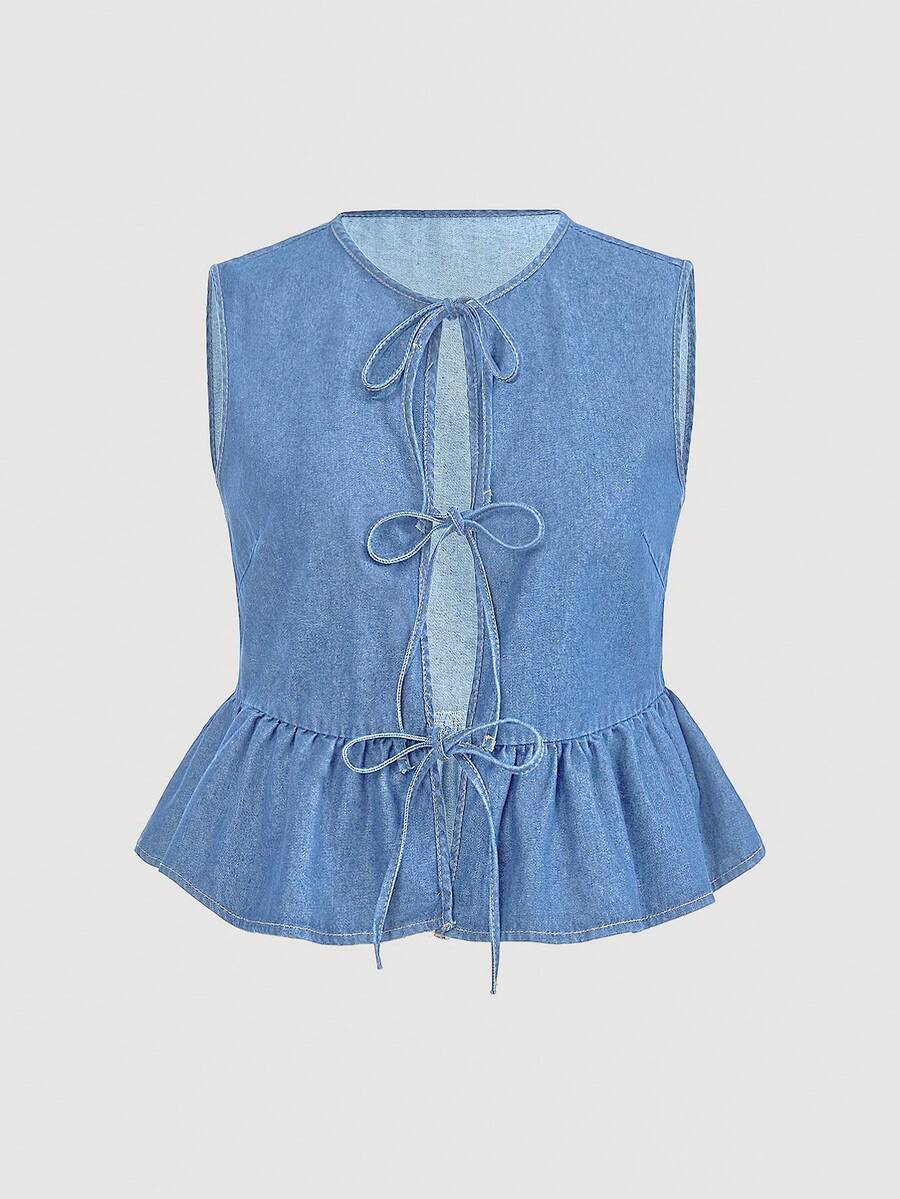 SHEIN MOD Plus Size Denim Jacket, Casual Loose Tie Bow Vest With Ruffle Hem, Blue - Medium Wash - View 1