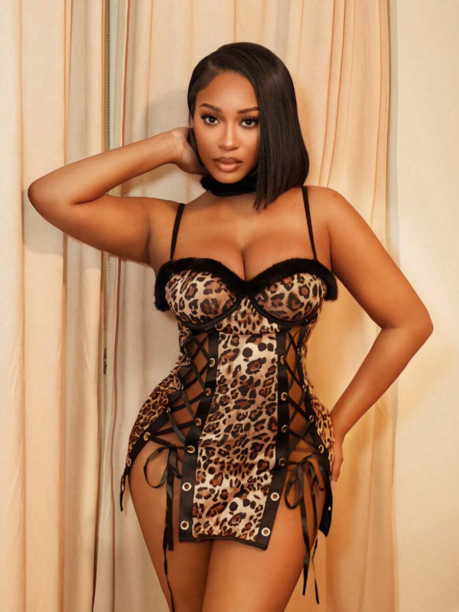 SHEIN 2pcs Leopard Print Hollow Out Lace-Up Sexy Nightgown Set For Women - Multicolor - View 1
