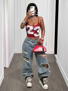 SHEIN BamGlam Áo camisole dáng ôm ngắn in họa tiết kỹ thuật số thời trang mùa hè - Đỏ - Xem 6