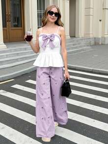 SHEIN ChillGRL 2pcs/Set Teen Girls' Sweet Casual Bow Tie Camisole Top Paired With Textured Print Wide Leg Pants Set, Suitable For Daily, Commute, Casual, Vacation, Party, Street Style - Mauve Purple - View 1