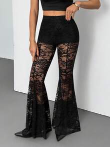 SHEIN Tall Quần ống loe ren xuyên thấu màu đen gợi cảm dành cho nữ, thích hợp cho các buổi tối đi chơi/tiệc rave/club/tiệc độc thân/tiệc theo chủ đề/phong cách thập niên 70/quần đen. - màu đen - Xem 8