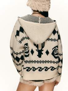 INAWLY Women's Drop Shoulder Long Sleeve Hooded Zip-Up Sweater Jacket, Winter - Beige - View 2