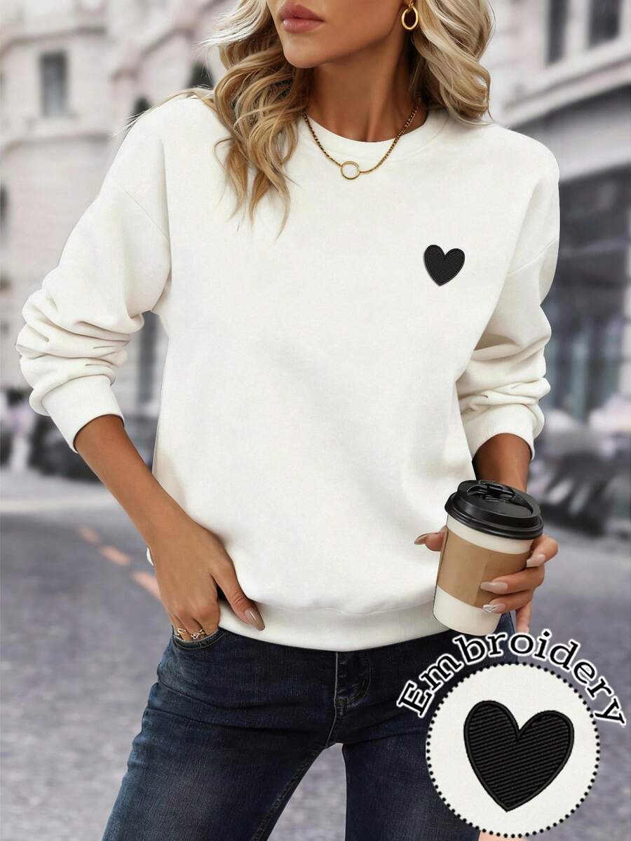 EMERY ROSE 女士休闲爱心刺绣卫衣，秋冬款 - 白色 - 查看 1