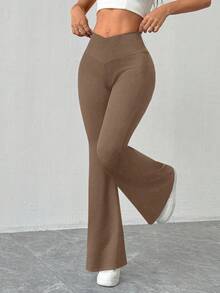 Almamuse 女士纯色不对称腰部休闲喇叭针织裤，秋冬款 - 咖啡棕 - 查看 5