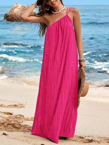 SHEIN VCAY 纯色不对称领口休闲无袖纹理连衣裙