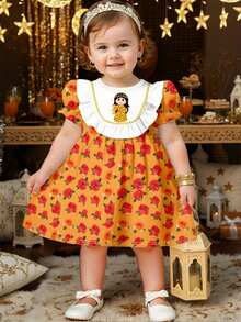 Robe à col rond à manches courtes avec imprimé floral et figuratif pour bébé fille - Multicolore - Voir 3