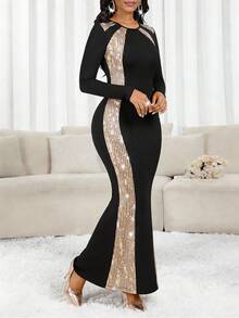 SHEIN Lady 女士亮片拼接圆领长袖修身连衣裙，优雅迷人 - 彩色 - 查看 5