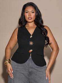 SHEIN BAE 大码女式黑色V领金属纽扣上衣 - 黑色 - 查看 8