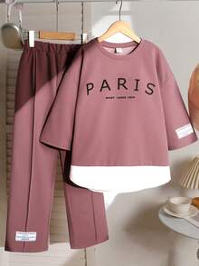 SHEIN Bộ đồ 2 món dành cho bé gái tuổi teen: Áo thun cổ tròn màu tím, dáng rộng, phối màu tương phản, in chữ tiếng Anh và nhãn dệt, tay lỡ 3/4, ống rộng, phong cách tối giản thường ngày kiểu học sinh. - Màu tím - Xem 3