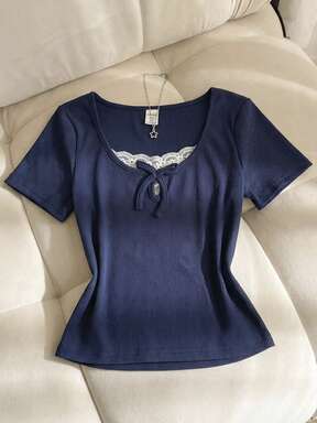 SHEIN Tween Girls Spring/Summer Valentine's Day, Casual Home, Clean Girl, Y2K Girl, Navy Blue & White Contrast Rib Knit Patchwork Lace Ruffle Bow Tight Fit Short Sleeve T-Shirt Navy Blue Top Cute Tops Tween Girl Tween Girl Clothes Top Ribbed Top