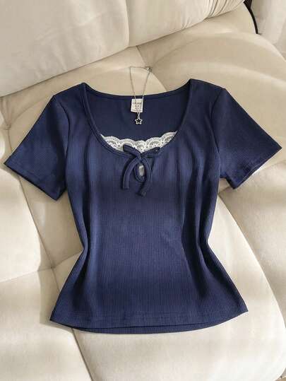 SHEIN Tween Girls Spring/Summer Valentine's Day, Casual Home, Clean Girl, Y2K Girl, Navy Blue & White Contrast Rib Knit Patchwork Lace Ruffle Bow Tight Fit Short Sleeve T-Shirt Navy Blue Top Cute Tops Tween Girl Tween Girl Clothes Top Ribbed Top