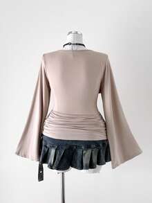 Sunspun Camiseta de manga larga con cuello en V sólido y estilo vintage romántico para mujer de talla grande, camiseta de manga larga regular, camiseta ajustada con pliegues a la moda, adecuada para uso diario, temporada de vuelta al colegio, diseño de cintura, apropiada para la oficina, fiestas de solteros, ir y venir, casual, reuniones con la novia, campus, diversos estilos universitarios, primavera, verano, otoño - Albaricoque - Ver 2