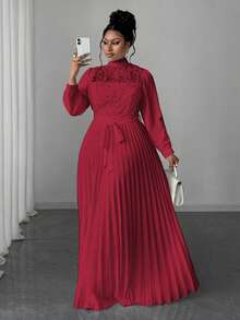 Maweii 大码女士优雅拼接收腰长裙 - 紅色 - 查看 1