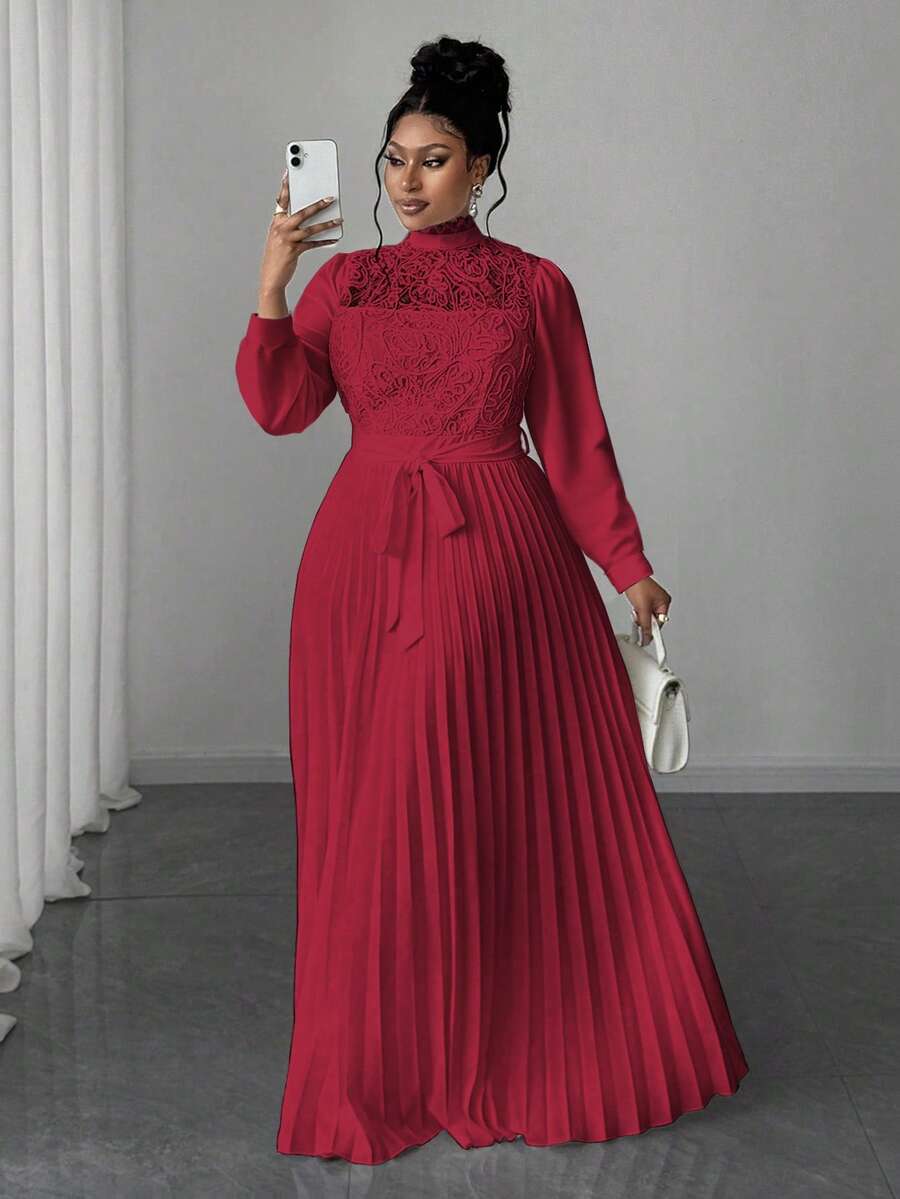 Maweii 大码女士优雅拼接收腰长裙 - 紅色 - 查看 1