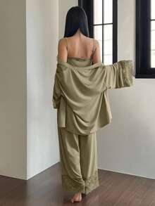 DAZY 3pcs Lace Patchwork Robe, Camisole & Pants Women Sleepwear Set - Olive Green - View 2