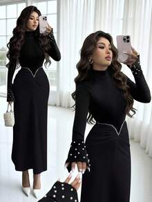 Rafferiza 时尚都市新款女士秋冬撞色优雅高领珍珠袖口高腰V领褶皱珍珠装饰修身连衣裙，适合通勤、毕业派对、节日活动、约会、聚会等场合。 - 黑色 - 查看 1