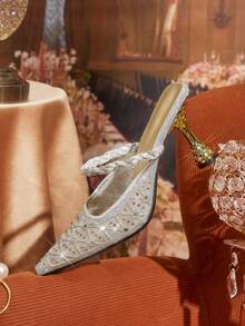 CUCCOO TILAWA 女士网面镶钻尖头细高跟凉鞋，优雅时尚夏季正式场合鞋履，性感细高跟设计，透气高跟，露后跟，适合夜间外出、派对等场合。 - 銀色 - 查看 6