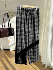Comfortcana Quần ống rộng kẻ caro cỡ lớn có dây rút, kiểu dáng thường ngày. - Đen và trắng - Xem 5