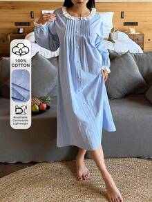DAZY 甜美条纹图案印花撞色滚边宽松女士睡裙 - 藍色 - 查看 6