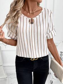 SHEIN Clasi 女士休闲印花圆领卷袖衬衫，通勤装 - 彩色 - 查看 6