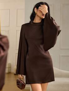 Modelyn Women's Solid Color Stand Collar Backless Elegant Waist Cinched Flare Sleeve Mini Dress, Suitable For Vacation And Party - Brown - View 4