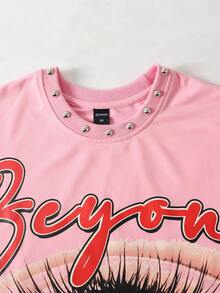 ROMWE MEN Street Life 男士Y2K时尚街头太阳镜，字母十字印花铆钉装饰宽松背心，夏季 - 珊瑚粉 - 查看 2